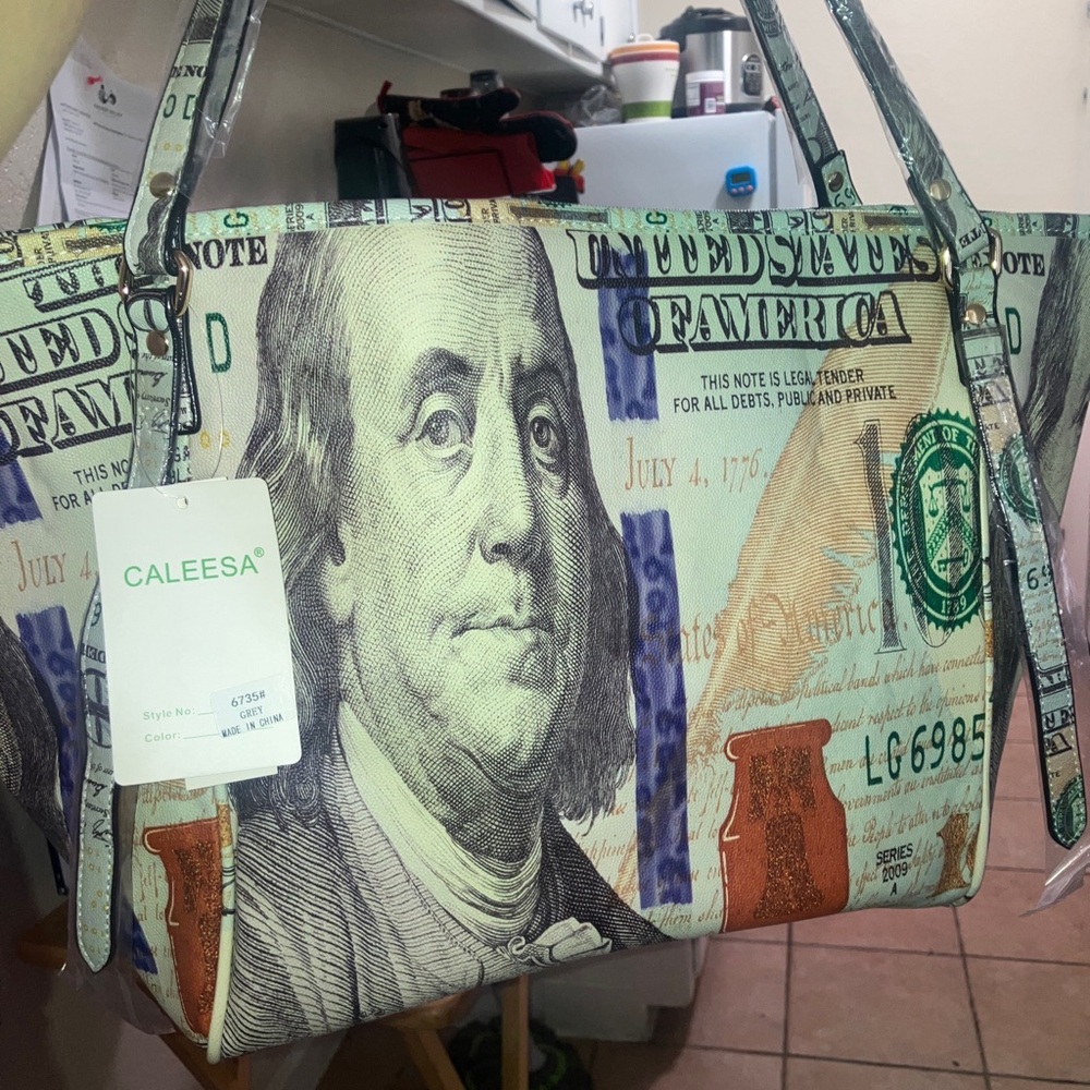 CALESSA  Green and Blue Tote Bag with Unique Currency Design